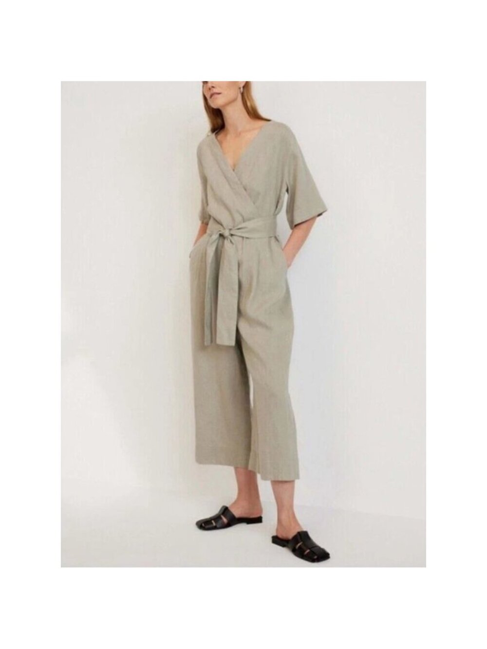 Everlane 100% Linen Wrap Jumpsuit Sz 10 Wide Leg Lagenlook Khaki Short Sleeve